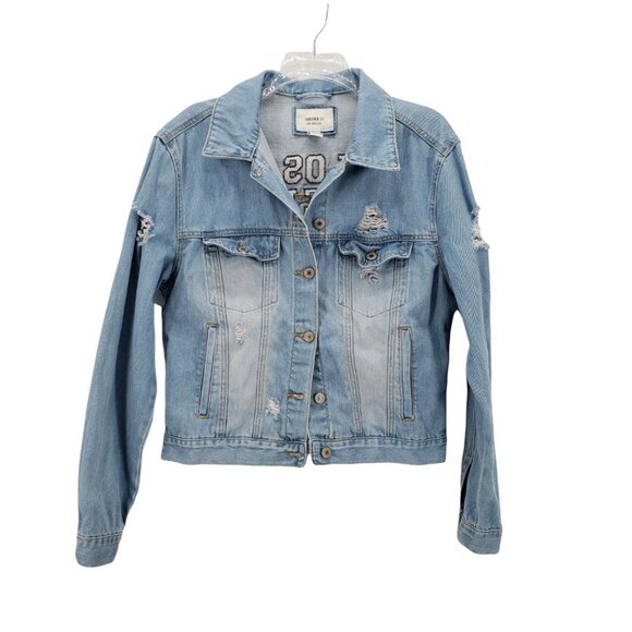 FOREVER 21 Distressed "Girl Squad" Los Angeles Denim Jacket M Light Wash Trucker - Picture 4 of 11